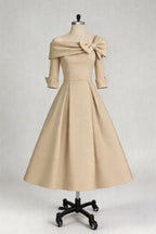Elegant A Line Cowl Neck 3/4 Sleeves Tea Length Elegant Mother of the Bride Dress
