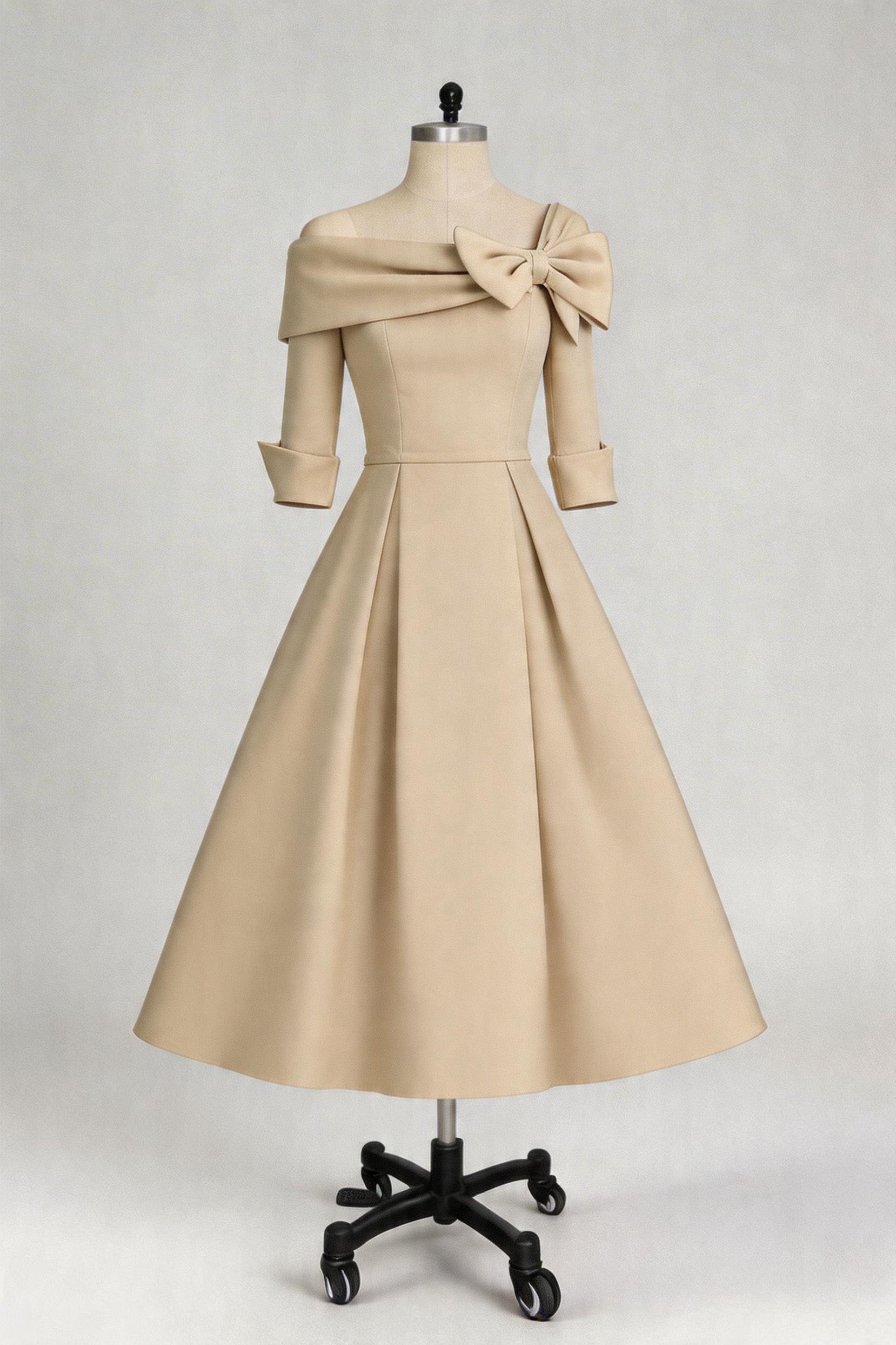 Elegant A Line Cowl Neck 3/4 Sleeves Tea Length Elegant Mother of the Bride Dress