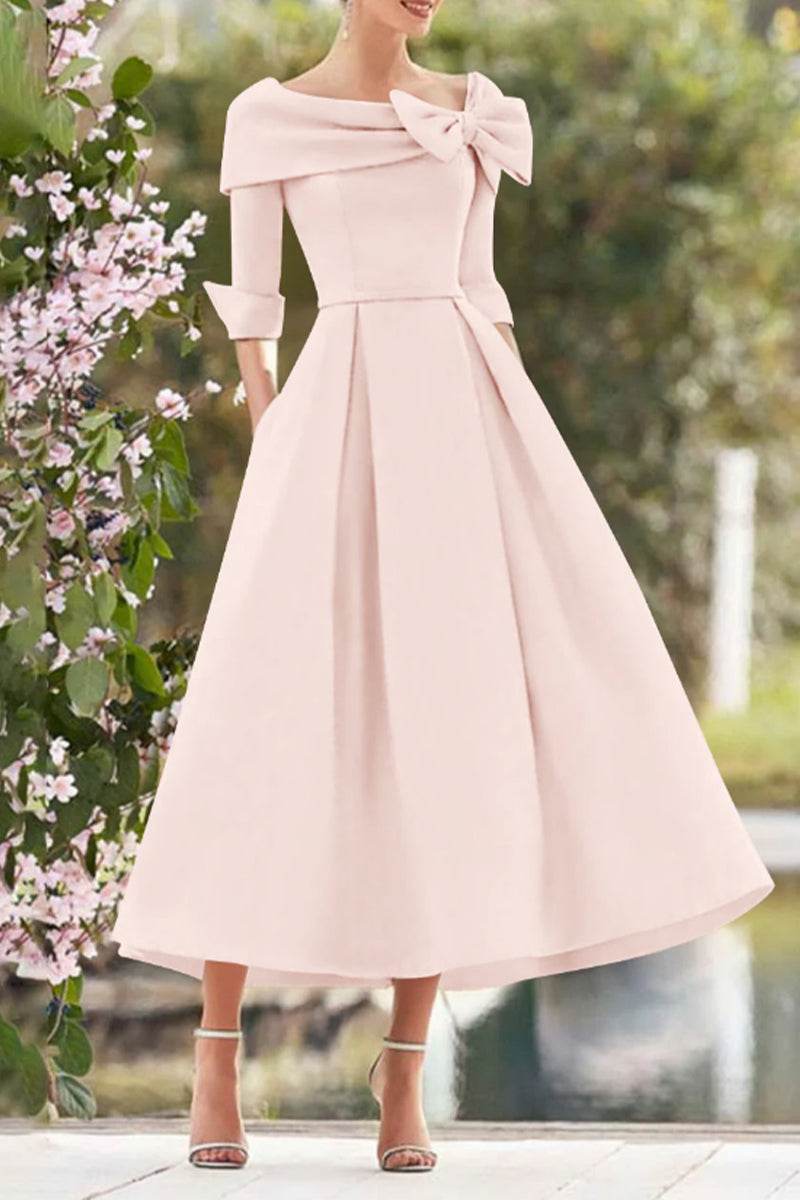 Elegant A Line Cowl Neck 3/4 Sleeves Tea Length Elegant Mother of the Bride Dress