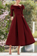 Elegant A Line Cowl Neck 3/4 Sleeves Tea Length Elegant Mother of the Bride Dress