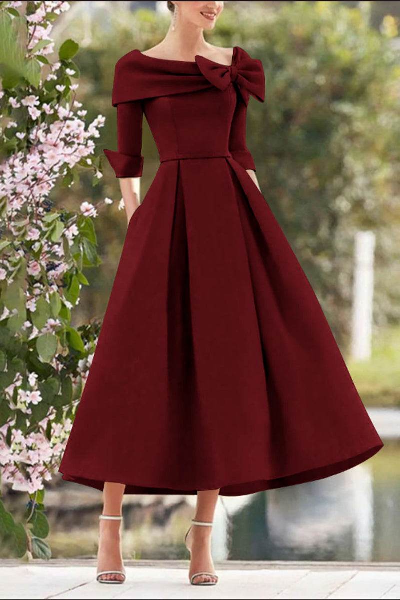 Elegant A Line Cowl Neck 3/4 Sleeves Tea Length Elegant Mother of the Bride Dress