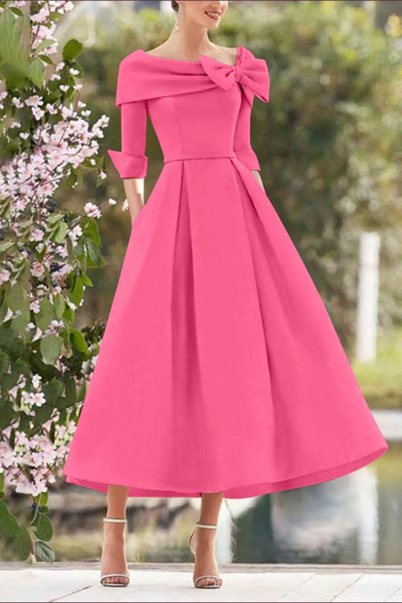 Elegant A Line Cowl Neck 3/4 Sleeves Tea Length Elegant Mother of the Bride Dress