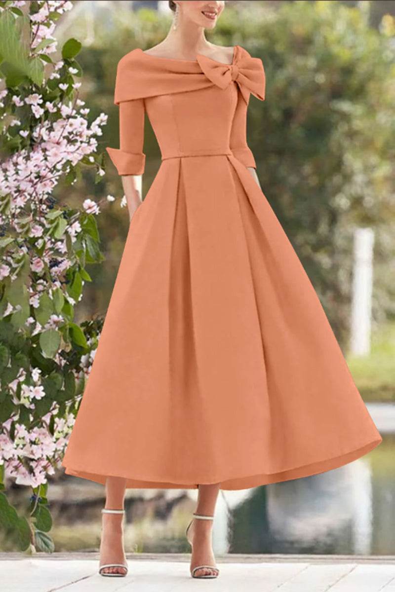 Elegant A Line Cowl Neck 3/4 Sleeves Tea Length Elegant Mother of the Bride Dress