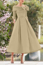Elegant A Line Cowl Neck 3/4 Sleeves Tea Length Elegant Mother of the Bride Dress