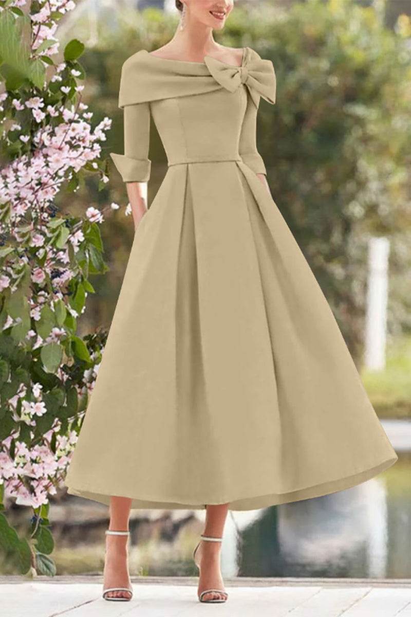 Elegant A Line Cowl Neck 3/4 Sleeves Tea Length Elegant Mother of the Bride Dress