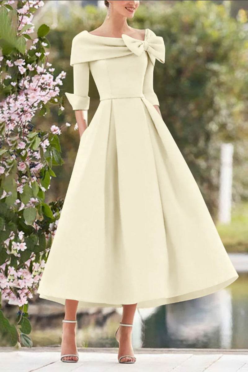 Elegant A Line Cowl Neck 3/4 Sleeves Tea Length Elegant Mother of the Bride Dress