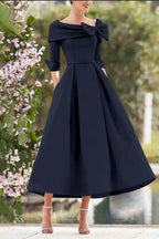 Elegant A Line Cowl Neck 3/4 Sleeves Tea Length Elegant Mother of the Bride Dress