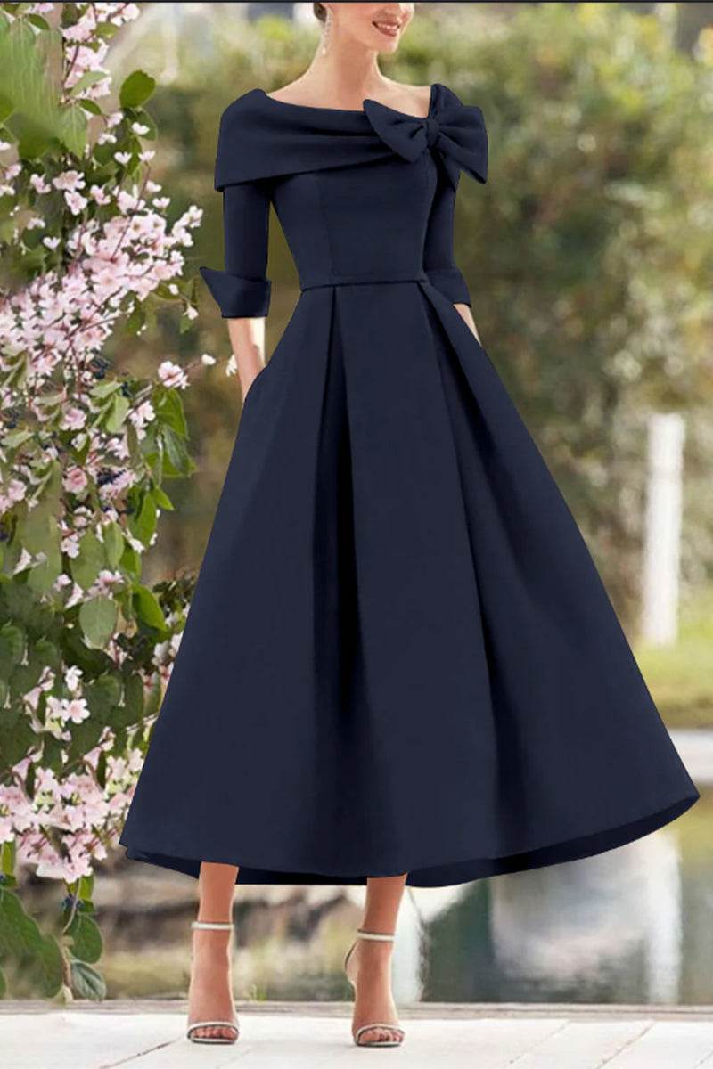 Elegant A Line Cowl Neck 3/4 Sleeves Tea Length Elegant Mother of the Bride Dress