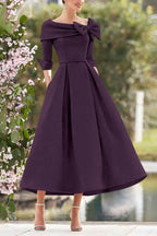 Elegant A Line Cowl Neck 3/4 Sleeves Tea Length Elegant Mother of the Bride Dress