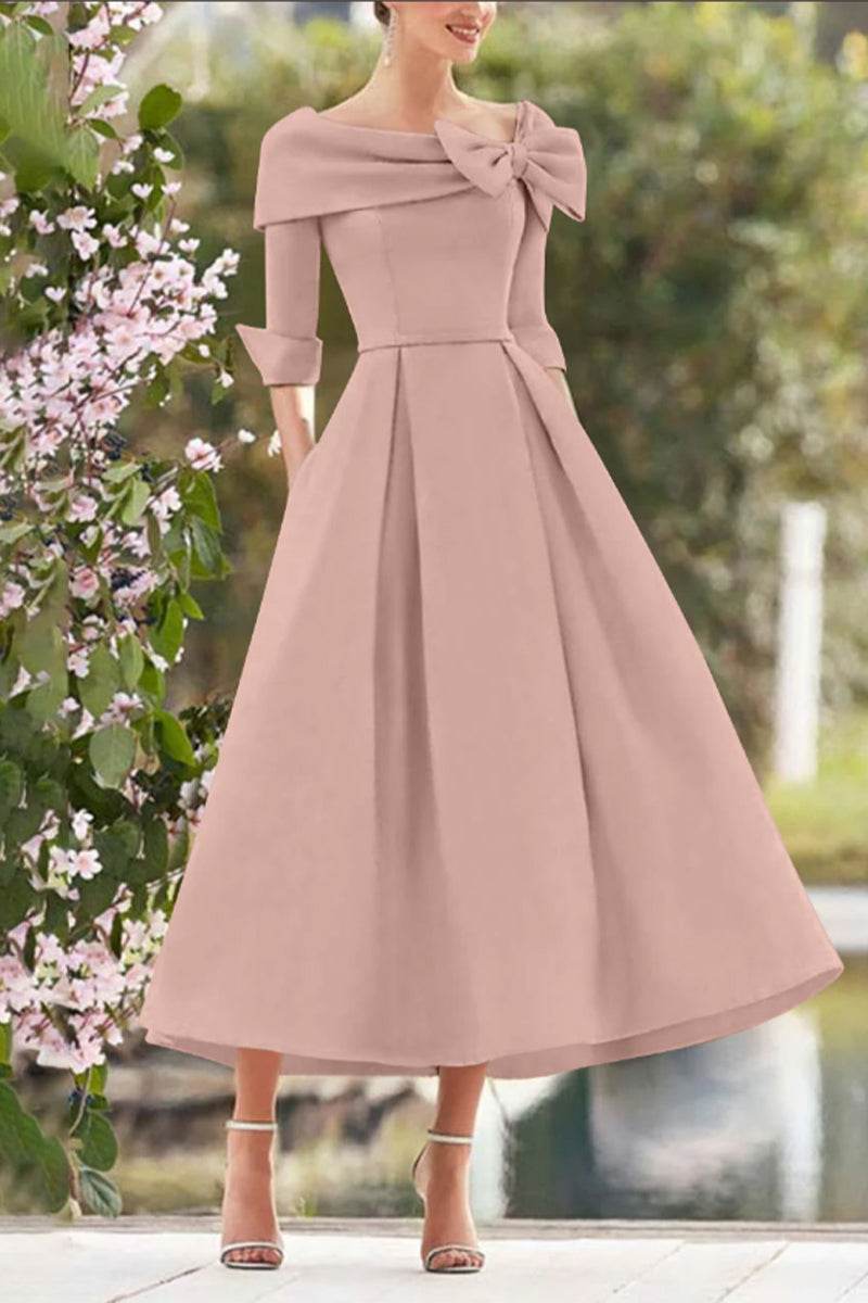 Elegant A Line Cowl Neck 3/4 Sleeves Tea Length Elegant Mother of the Bride Dress