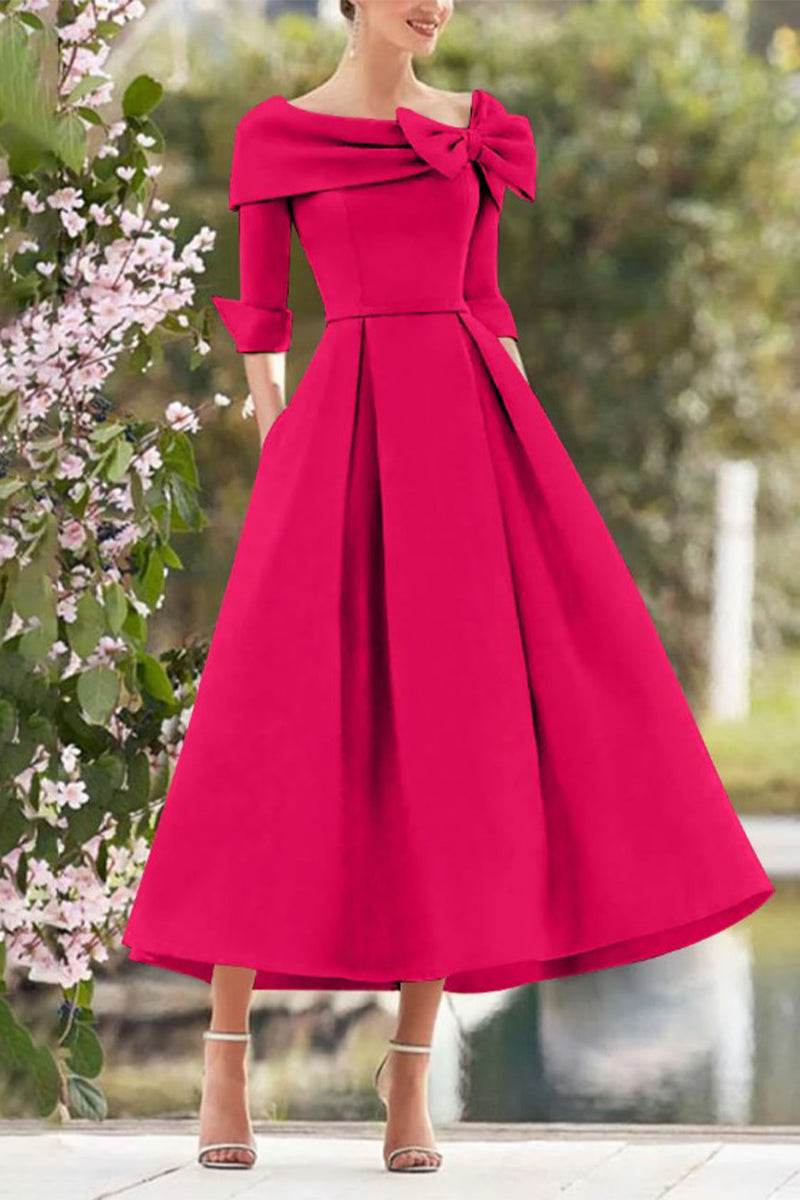 Elegant A Line Cowl Neck 3/4 Sleeves Tea Length Elegant Mother of the Bride Dress