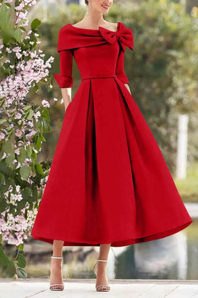 Elegant A Line Cowl Neck 3/4 Sleeves Tea Length Elegant Mother of the Bride Dress