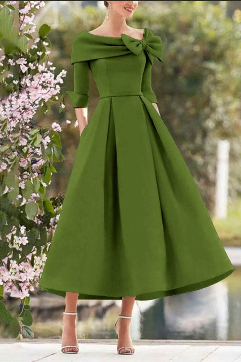 Elegant A Line Cowl Neck 3/4 Sleeves Tea Length Elegant Mother of the Bride Dress