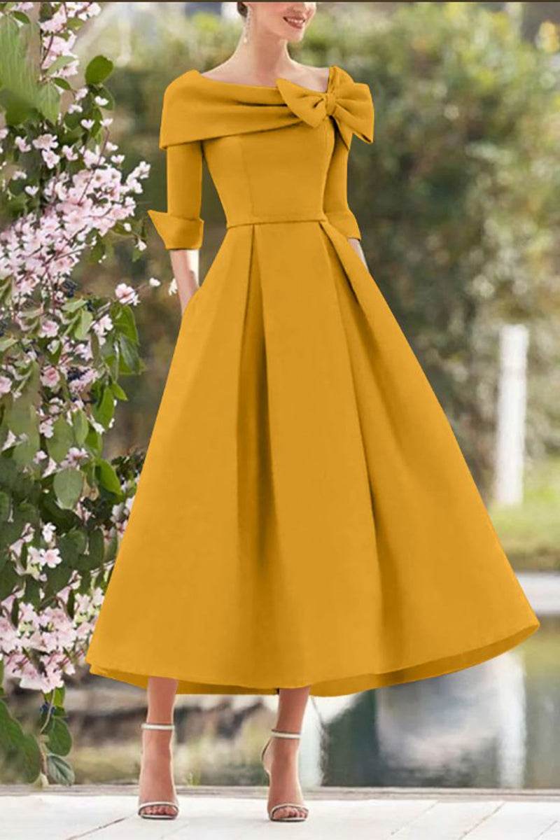 Elegant A Line Cowl Neck 3/4 Sleeves Tea Length Elegant Mother of the Bride Dress
