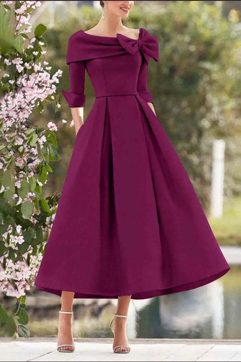 Elegant A Line Cowl Neck 3/4 Sleeves Tea Length Elegant Mother of the Bride Dress