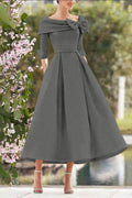Elegant A Line Cowl Neck 3/4 Sleeves Tea Length Elegant Mother of the Bride Dress