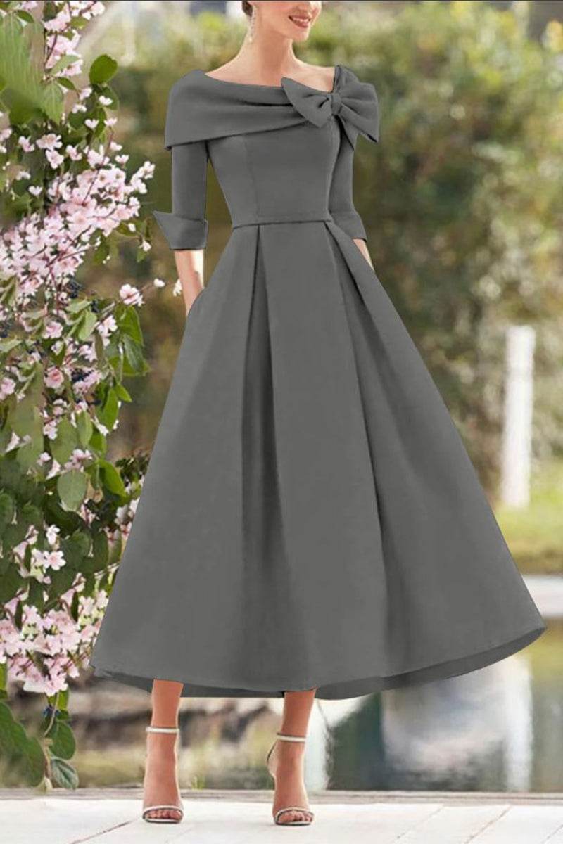 Elegant A Line Cowl Neck 3/4 Sleeves Tea Length Elegant Mother of the Bride Dress