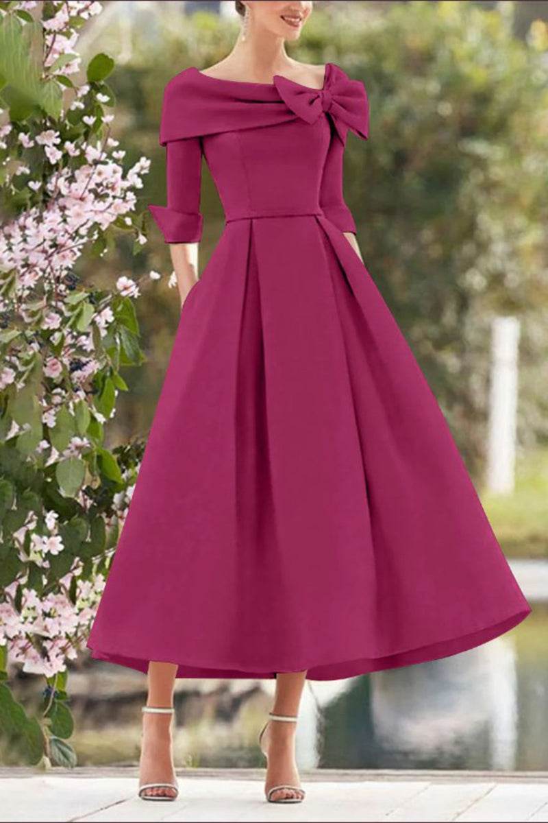 Elegant A Line Cowl Neck 3/4 Sleeves Tea Length Elegant Mother of the Bride Dress