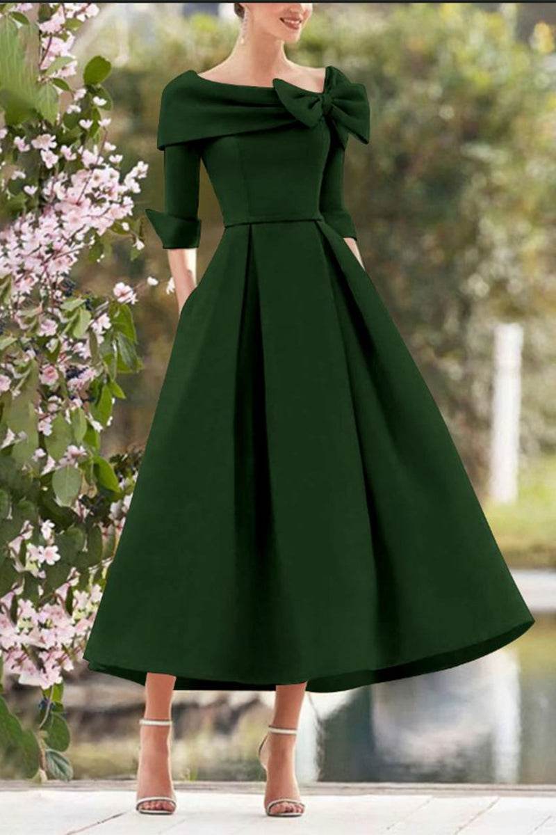 Elegant A Line Cowl Neck 3/4 Sleeves Tea Length Elegant Mother of the Bride Dress