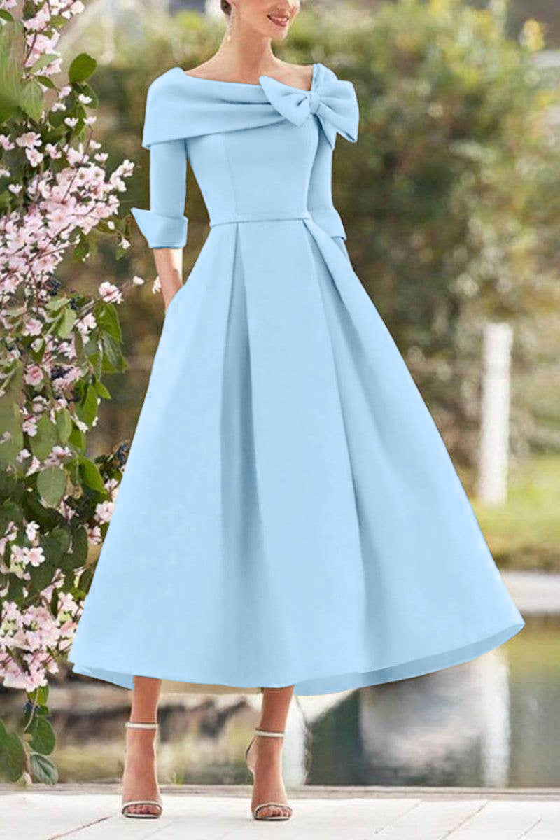 Elegant A Line Cowl Neck 3/4 Sleeves Tea Length Elegant Mother of the Bride Dress