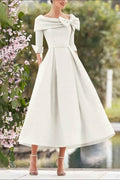 Elegant A Line Cowl Neck 3/4 Sleeves Tea Length Elegant Mother of the Bride Dress