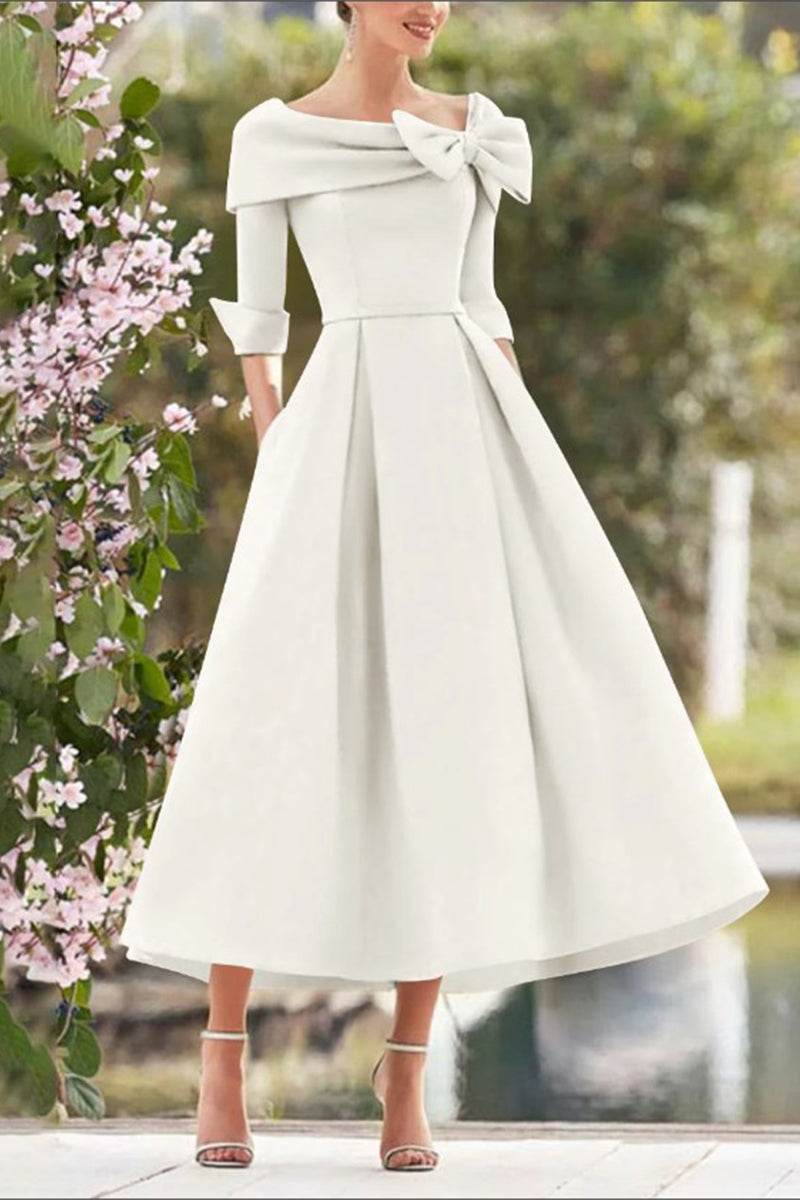 Elegant A Line Cowl Neck 3/4 Sleeves Tea Length Elegant Mother of the Bride Dress