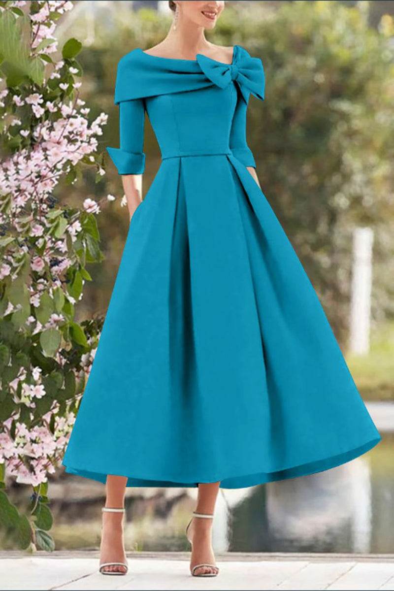 Elegant A Line Cowl Neck 3/4 Sleeves Tea Length Elegant Mother of the Bride Dress