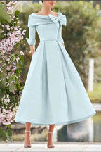 Elegant A Line Cowl Neck 3/4 Sleeves Tea Length Elegant Mother of the Bride Dress