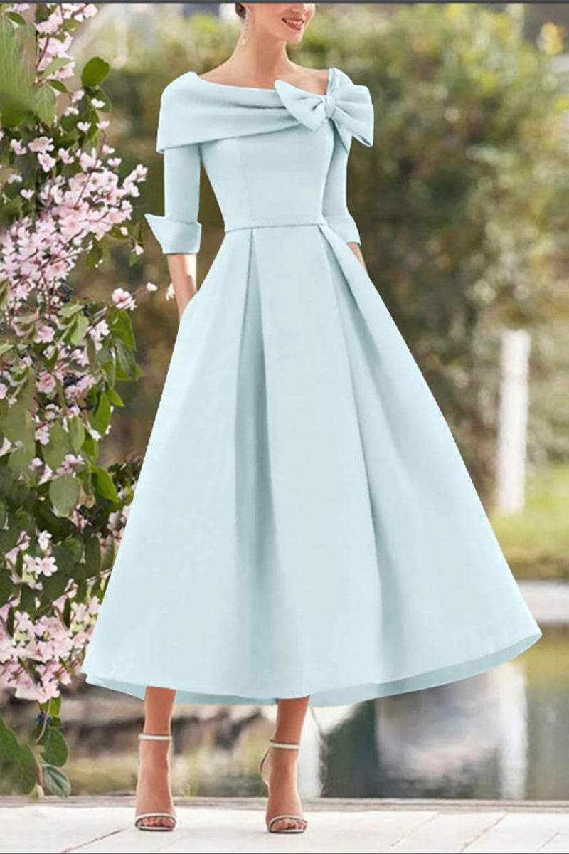 Elegant A Line Cowl Neck 3/4 Sleeves Tea Length Elegant Mother of the Bride Dress