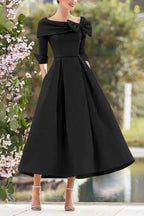 Elegant A Line Cowl Neck 3/4 Sleeves Tea Length Elegant Mother of the Bride Dress