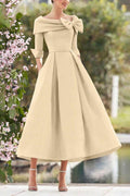 Elegant A Line Cowl Neck 3/4 Sleeves Tea Length Elegant Mother of the Bride Dress