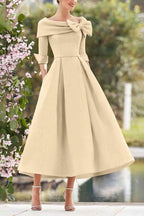 Elegant A Line Cowl Neck 3/4 Sleeves Tea Length Elegant Mother of the Bride Dress