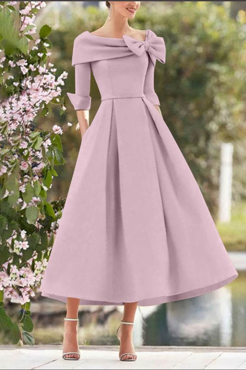 Elegant A Line Cowl Neck 3/4 Sleeves Tea Length Elegant Mother of the Bride Dress