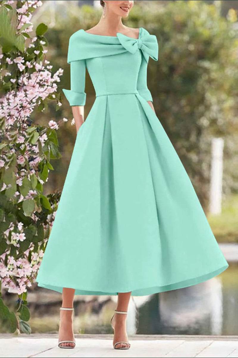 Elegant A Line Cowl Neck 3/4 Sleeves Tea Length Elegant Mother of the Bride Dress