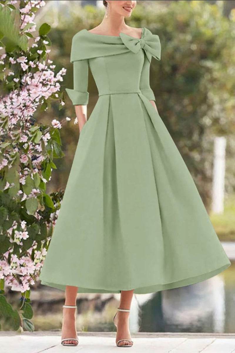 Elegant A Line Cowl Neck 3/4 Sleeves Tea Length Elegant Mother of the Bride Dress