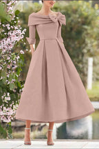Elegant A Line Cowl Neck 3/4 Sleeves Tea Length Elegant Mother of the Bride Dress