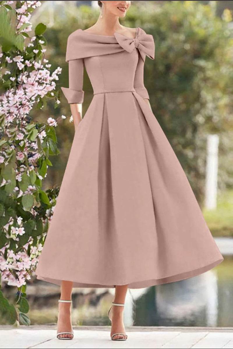 Elegant A Line Cowl Neck 3/4 Sleeves Tea Length Elegant Mother of the Bride Dress