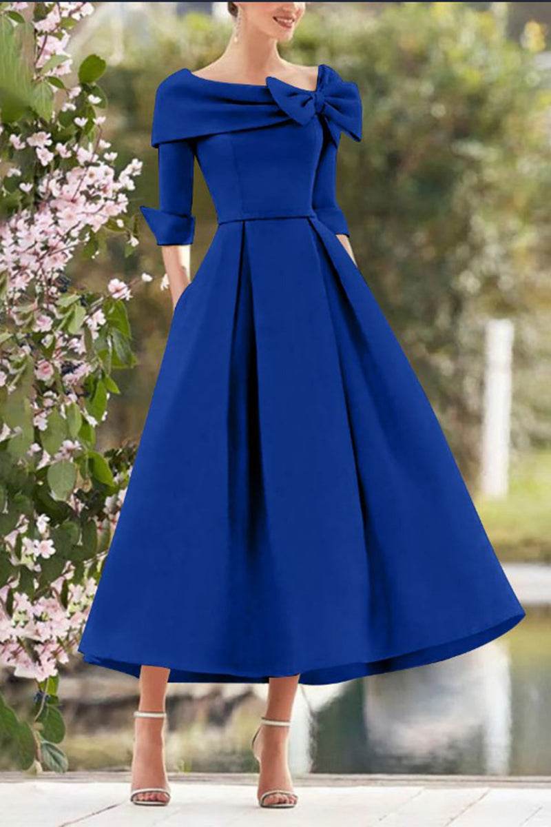 Elegant A Line Cowl Neck 3/4 Sleeves Tea Length Elegant Mother of the Bride Dress