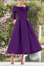 Elegant A Line Cowl Neck 3/4 Sleeves Tea Length Elegant Mother of the Bride Dress
