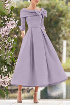 Elegant A Line Cowl Neck 3/4 Sleeves Tea Length Elegant Mother of the Bride Dress