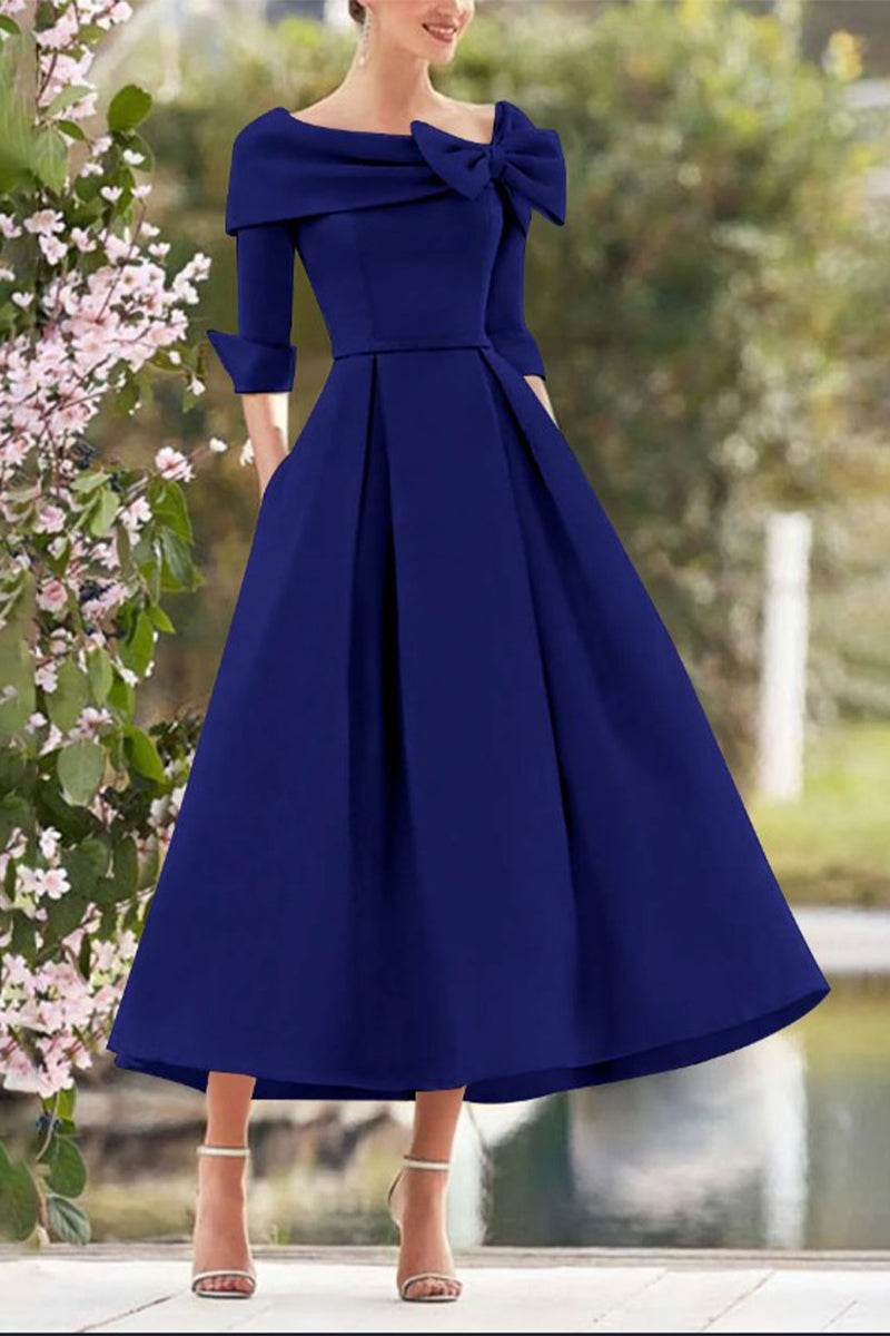 Elegant A Line Cowl Neck 3/4 Sleeves Tea Length Elegant Mother of the Bride Dress