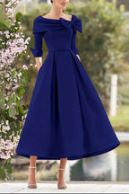 Elegant A Line Cowl Neck 3/4 Sleeves Tea Length Elegant Mother of the Bride Dress