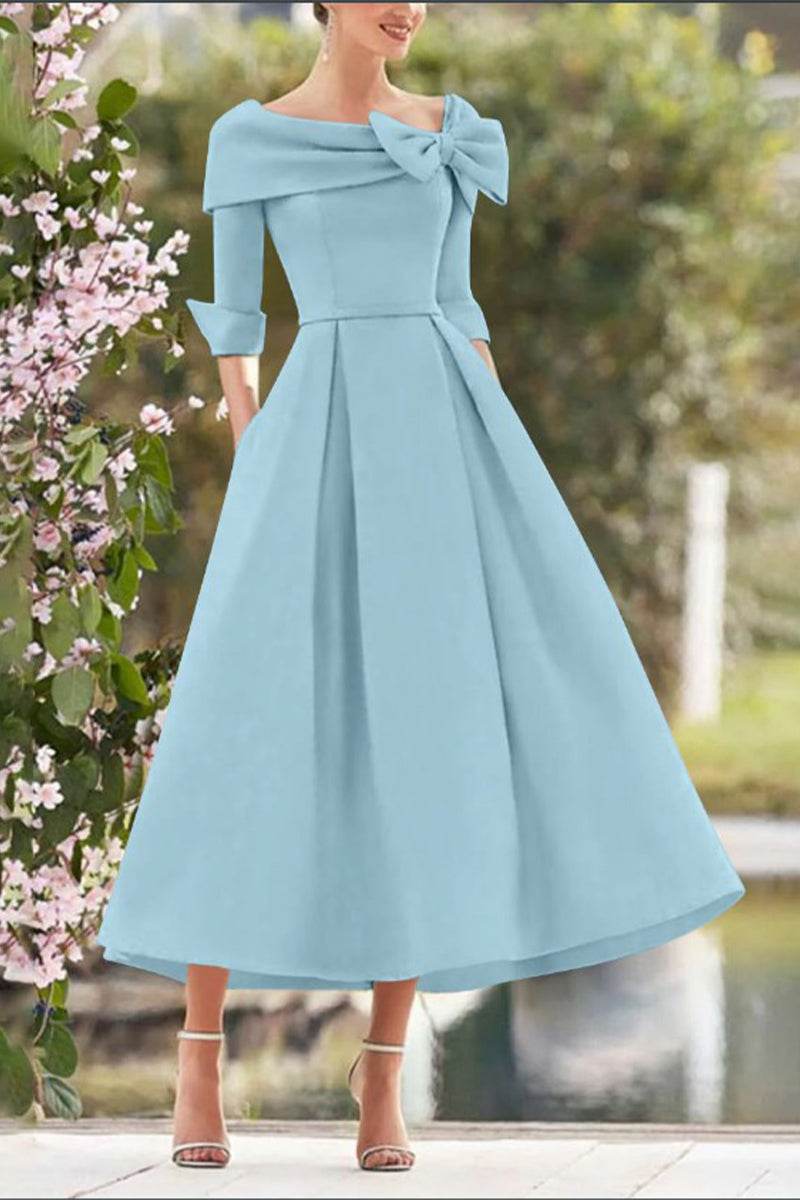 Elegant A Line Cowl Neck 3/4 Sleeves Tea Length Elegant Mother of the Bride Dress