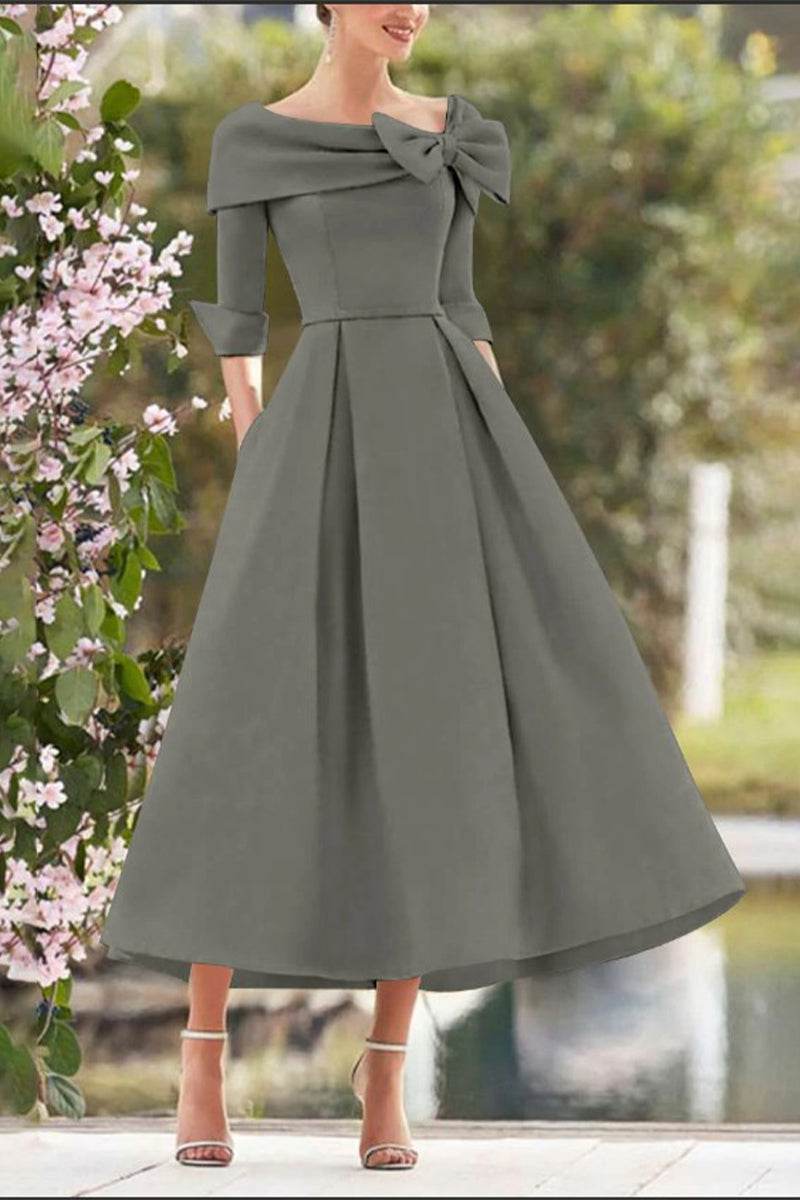 Elegant A Line Cowl Neck 3/4 Sleeves Tea Length Elegant Mother of the Bride Dress