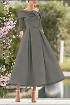 Elegant A Line Cowl Neck 3/4 Sleeves Tea Length Elegant Mother of the Bride Dress
