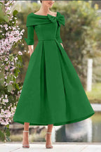 Elegant A Line Cowl Neck 3/4 Sleeves Tea Length Elegant Mother of the Bride Dress