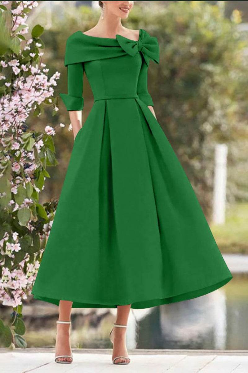 Elegant A Line Cowl Neck 3/4 Sleeves Tea Length Elegant Mother of the Bride Dress