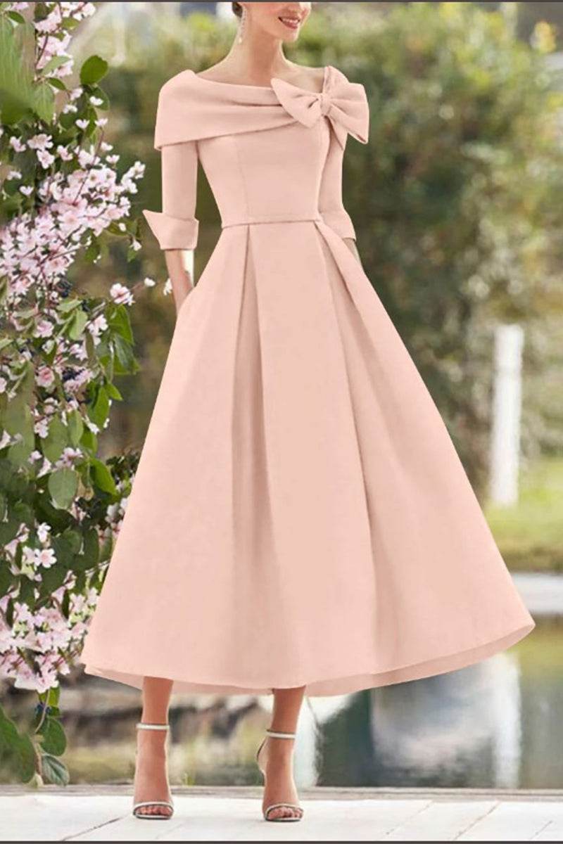 Elegant A Line Cowl Neck 3/4 Sleeves Tea Length Elegant Mother of the Bride Dress