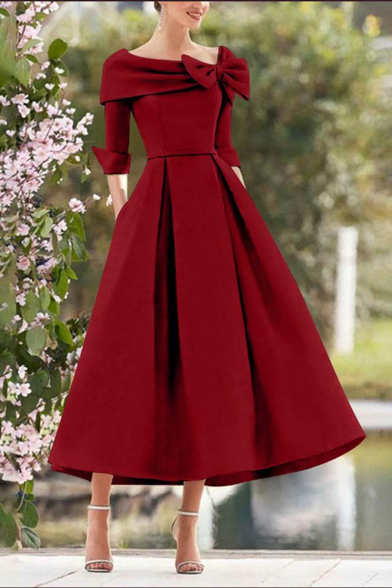 Elegant A Line Cowl Neck 3/4 Sleeves Tea Length Elegant Mother of the Bride Dress