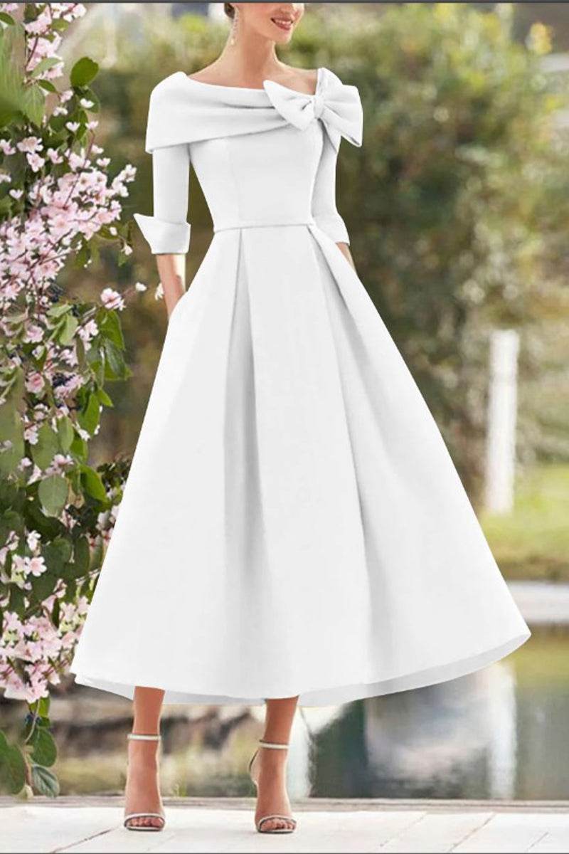 Elegant A Line Cowl Neck 3/4 Sleeves Tea Length Elegant Mother of the Bride Dress